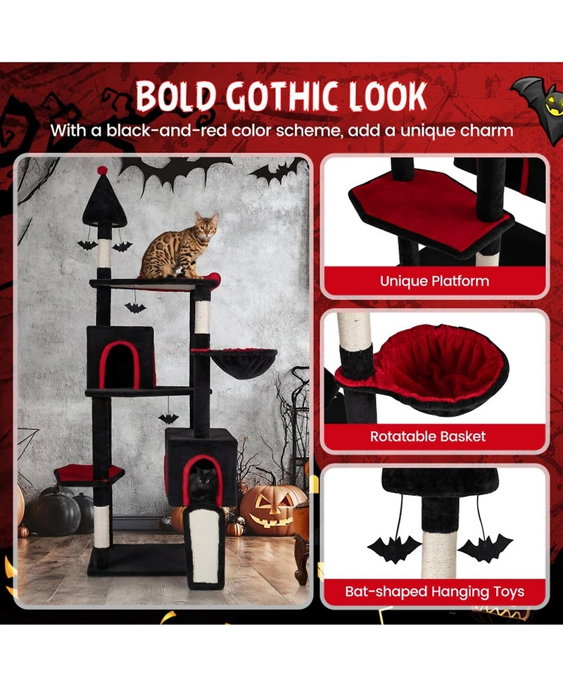 Hongge 75 Inch Gothic Cat Tree 6-Tier Cat Tower with 2 Condos and Top Perch for Large Cats