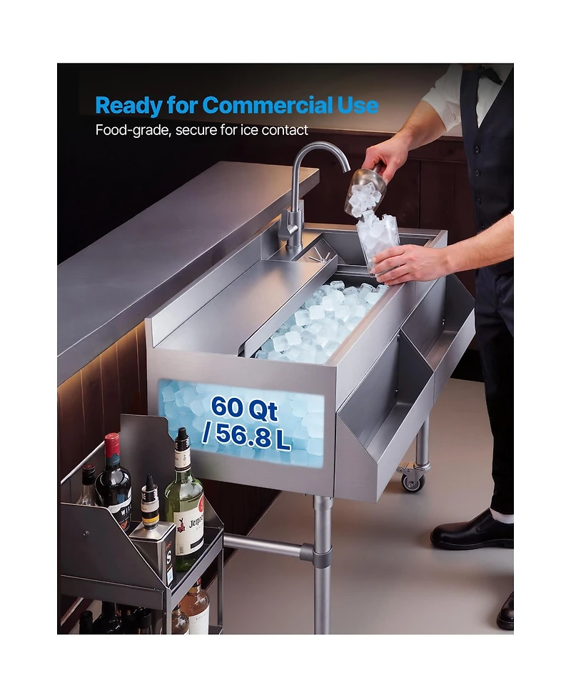 Sevorley Commercial Ice Bin with Sink and Faucet, 60 Qt Stainless Steel Cocktail Cooler Cart