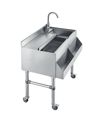 Sevorley Commercial Ice Bin with Sink and Faucet, 60 Qt Stainless Steel Cocktail Cooler Cart