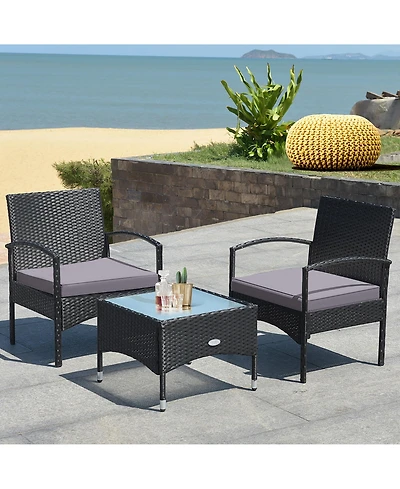 Costway Piece Patio Wicker Rattan Furniture Set Coffee Table and 2 Chair Cushion