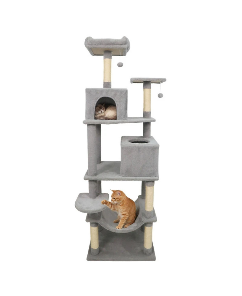 Hongge 58 Inch Modern Cat Tree with Upholstered Perch 2 Condos and Sisal Scratching Posts