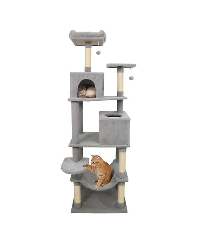 Hongge 58 Inch Modern Cat Tree with Upholstered Perch 2 Condos and Sisal Scratching Posts
