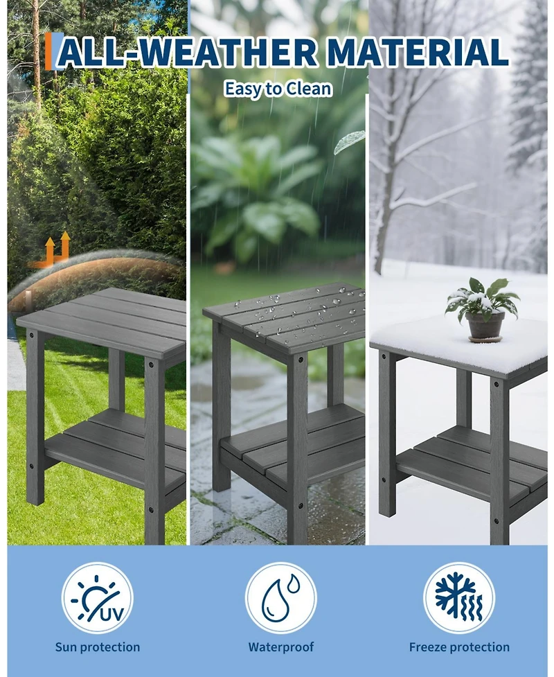 homfan 18" Hdpe Side Table – 2-Tier Outdoor End Table, Weather Resistant with Wood Grain for Patio, Backyard or Balcony