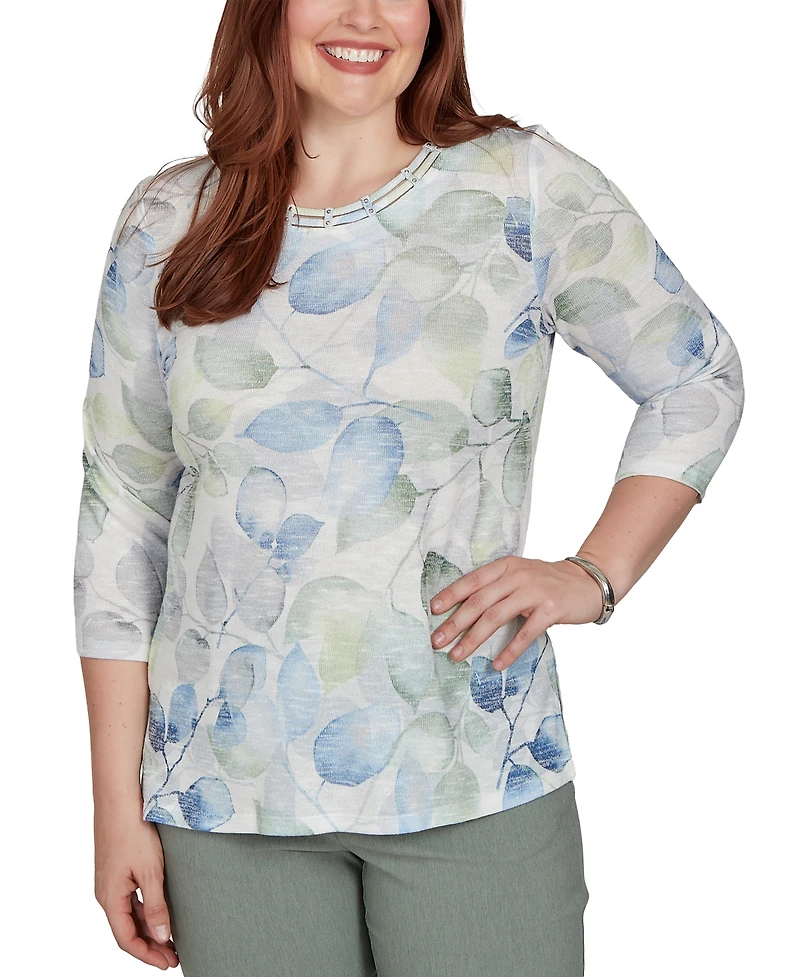 Alfred Dunner Petite Provence Watercolor Allover Leaf Print Top