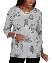 Alfred Dunner Petite Classic Penguins And Trees Knit Top