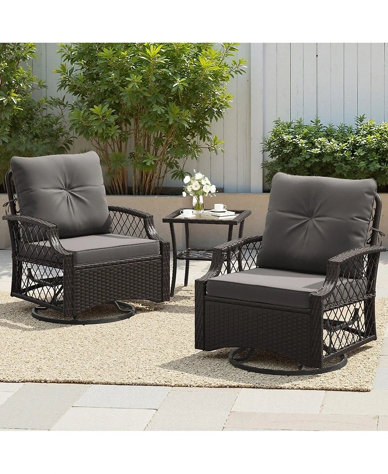 Asagikoiai 3 Piece Wicker Outdoor Patio Furniture Set with Swivel Glider Chairs and Side Table-Asagikoiai
