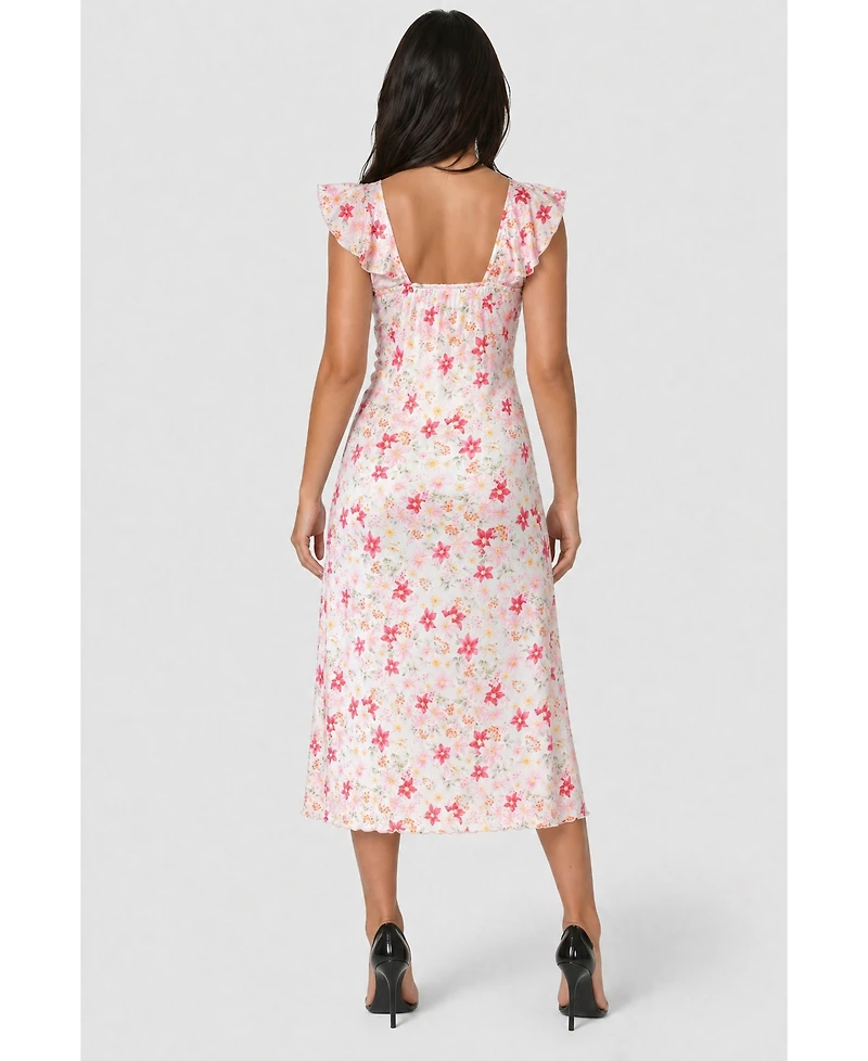 Bebe Women's Floral-Print Ruffled Satin Maxi Dress