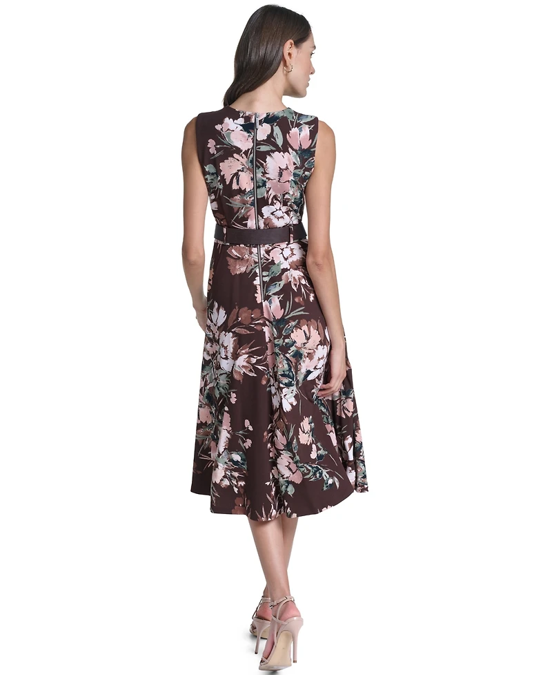 Calvin Klein Women's Printed Crew Neck Self-Belt Midi Dress