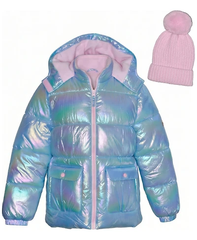 Kensie Girl Girls' 5-16 Iridescent Puffer Jacket with Knit Hat, 2-Piece Set
