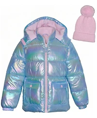 Kensie Girl Girls' 5-16 Iridescent Puffer Jacket with Knit Hat, 2-Piece Set