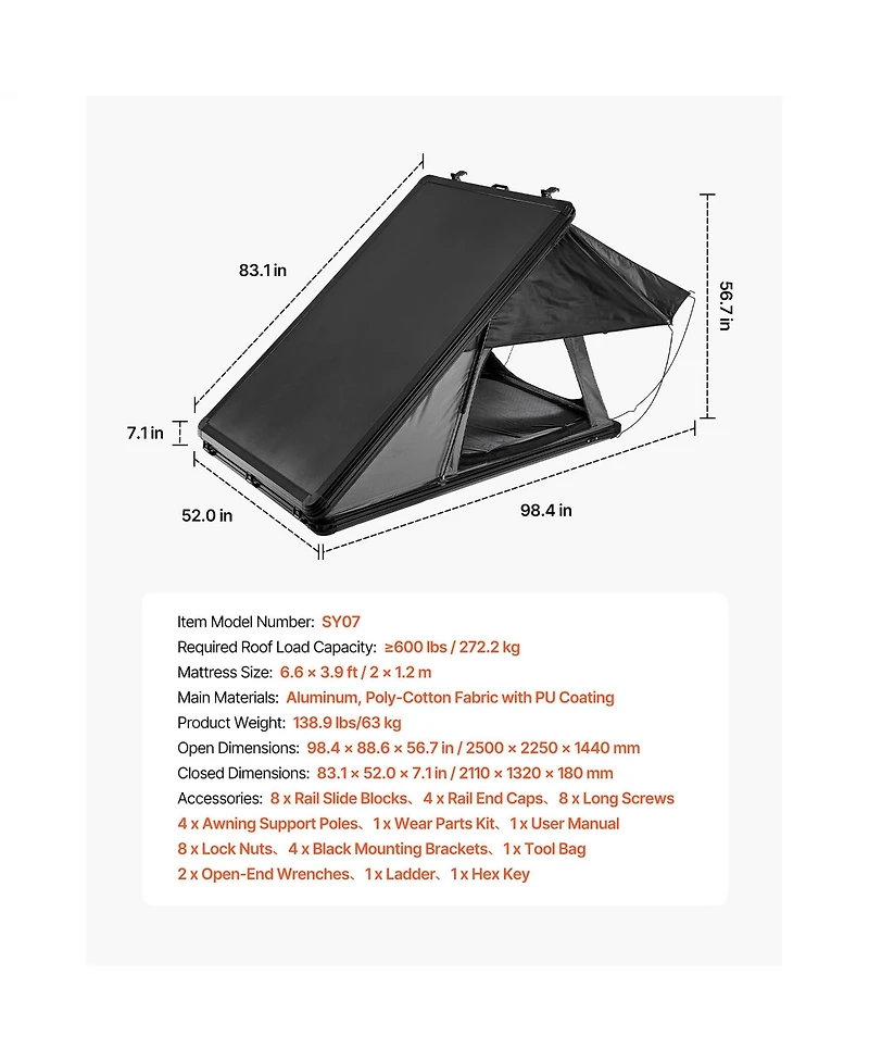 Sevorley Aluminum Hard Shell Rooftop Tent for 2-3 Person with Led Light and Thick Mattress