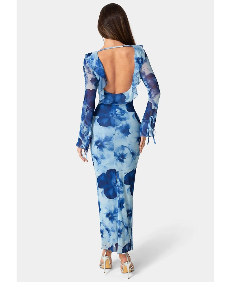 Bebe Women's Long-Sleeve Floral-Print Ruffle-Neck Maxi Dress