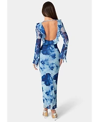 Bebe Women's Long-Sleeve Floral-Print Ruffle-Neck Maxi Dress