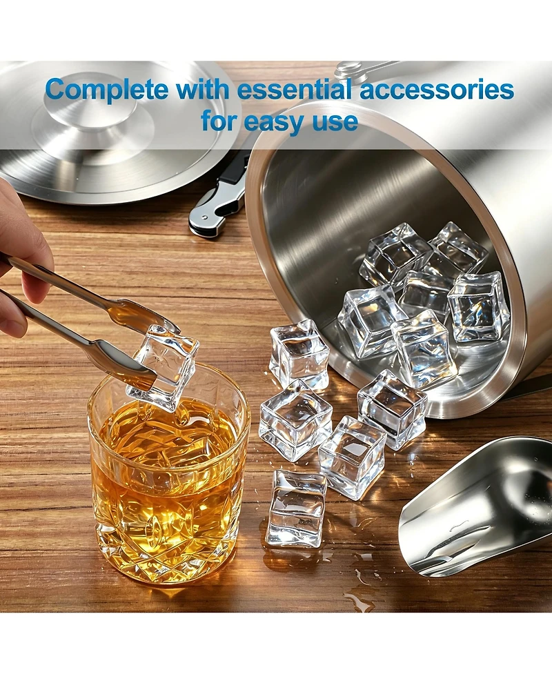 Piscifun Double Wall Stainless Steel Ice Bucket Set With Lid Scoop Tongs Bottle Opener