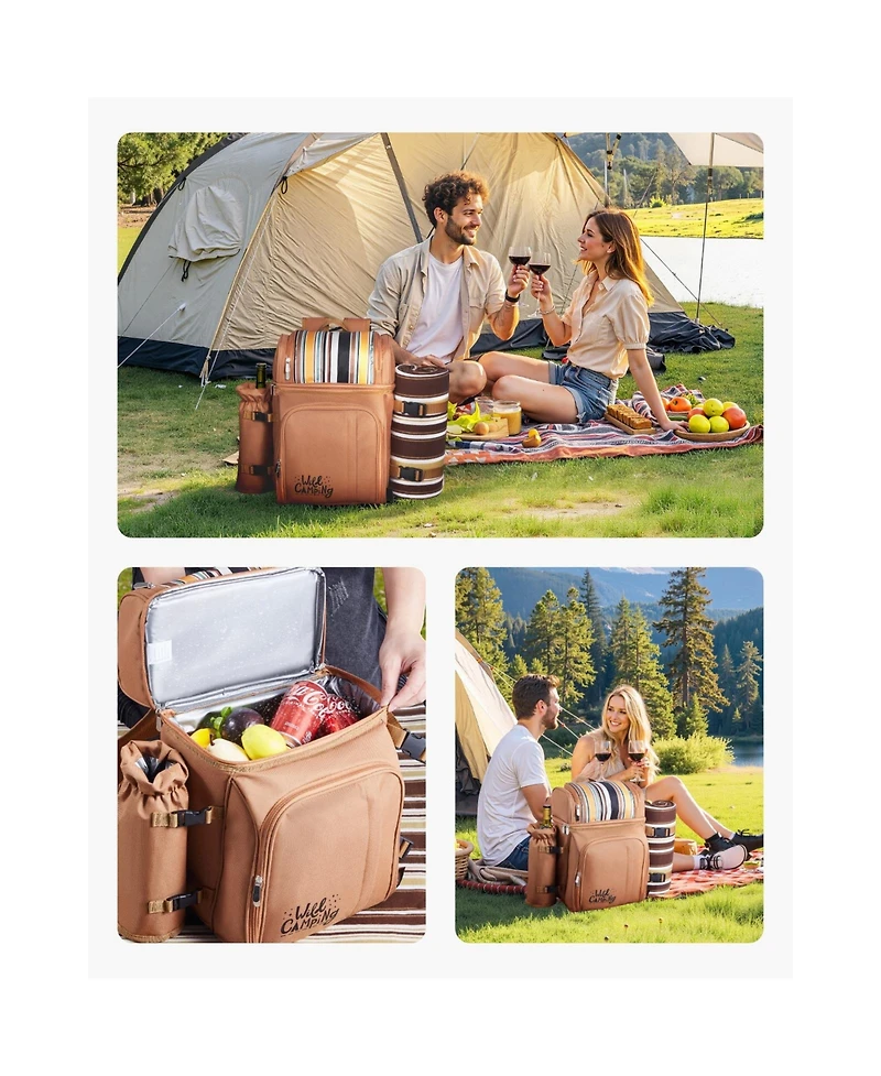 Sevorley 4-Person Picnic Backpack with Insulated Cooler, Blanket and Cutlery Set