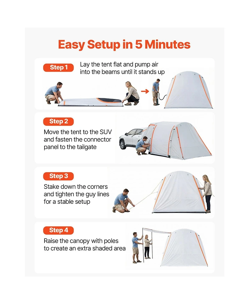 Sevorley Inflatable Suv Tailgate Tent, 8 x 6.7 ft Waterproof PU2000mm Tent with Awning and Air Pump