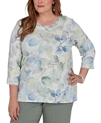 Alfred Dunner Plus Provence Watercolor Allover Leaf Print Top