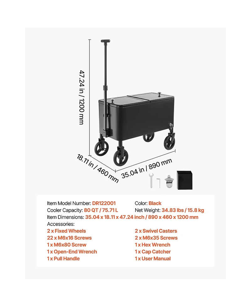 Sevorley Rolling Ice Chest Cart, 80 qt, Telescopic Handle, Holds 110 Cans