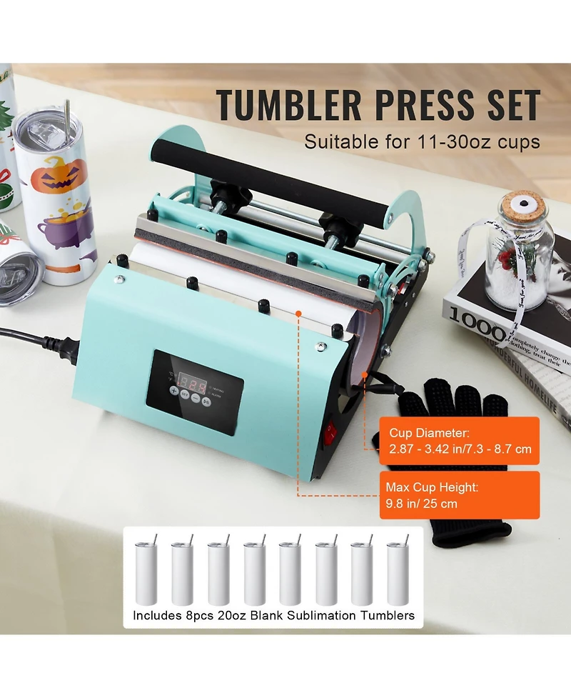 Sevorley Tumbler Heat Press Machine Set with 8 Blank 20 oz Tumblers