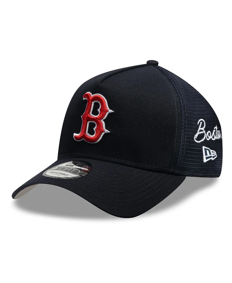 New Era Men's Navy Boston Red Sox Side Script 9FORTY A-Frame Trucker Adjustable Hat