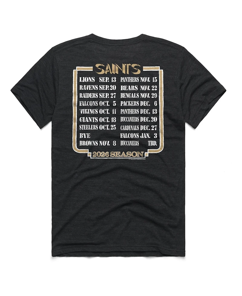 Homage Men's and Women's Charcoal New Orleans Saints 2026 Nfl Schedule Queen Tri-Blend T-Shirt