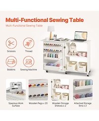 Sevorley Folding Sewing Machine Table with Storage Shelves, Wheels and Magnetic Doors
