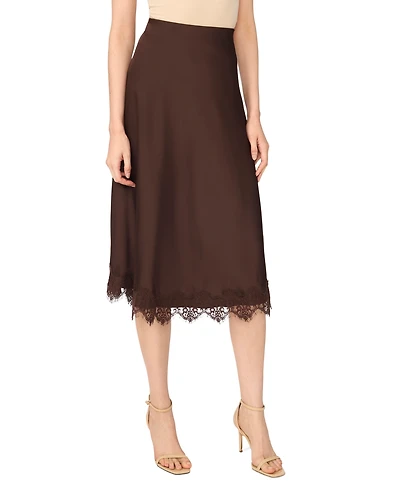 CeCe Women's Satin Lace Trim A-Line Midi Skirt