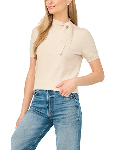 CeCe Women's Scarf Tie Mock Neck Short-Sleeve Viscose Sweater
