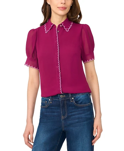 CeCe Women's Scallop Contrast Trim Button Up Top
