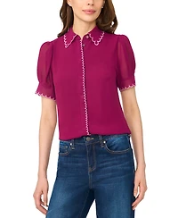 CeCe Women's Scallop Contrast Trim Button Up Top