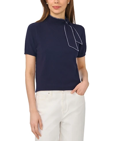 CeCe Women's Scarf Tie Mock Neck Short-Sleeve Viscose Sweater