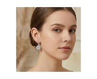 Genevive Dainty White Gold Plated Halo Cz Round Drop Fish Hook Earrings