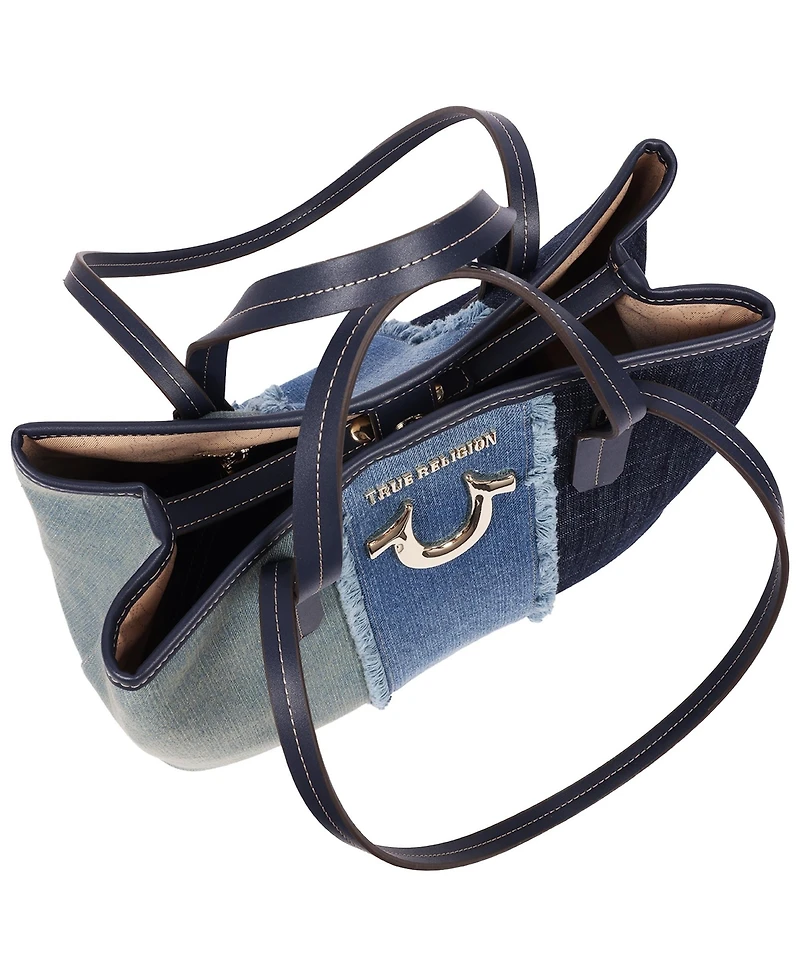 True Religion Frayed Denim Horseshoe Tote with Removable Wristlet