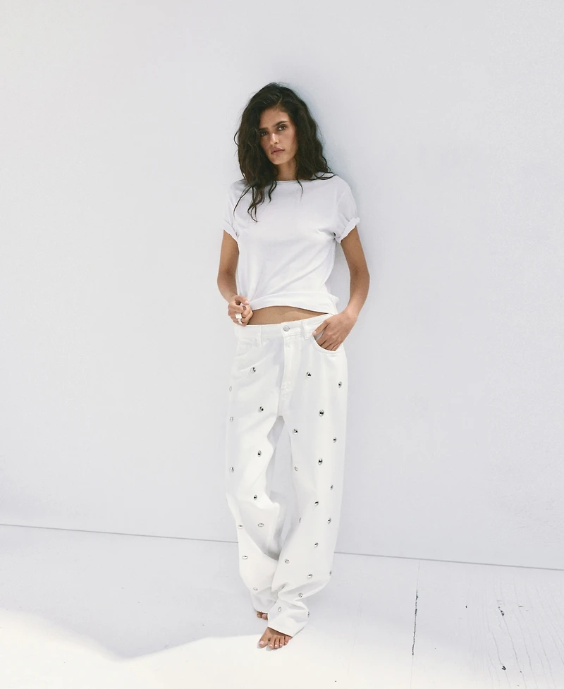 Mango Women's Wide-Leg Studded Jeans