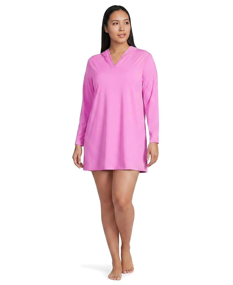 Lands' End Plus SunShade Upf 50 Hooded Mini Swim Cover-Up Dress