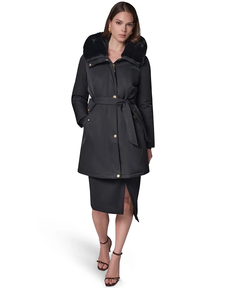 Donna Karan New York Women's Belted Hooded Mid-Length Puffer Coat