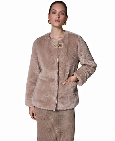 Donna Karan New York Women's Collarless Buckled Fur Coat