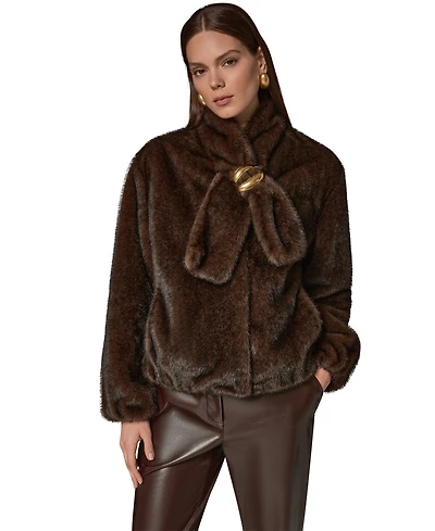 Donna Karan New York Women's Short Faux Fur Coat with Scarf
