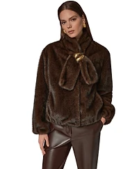 Donna Karan New York Women's Short Faux Fur Coat with Scarf