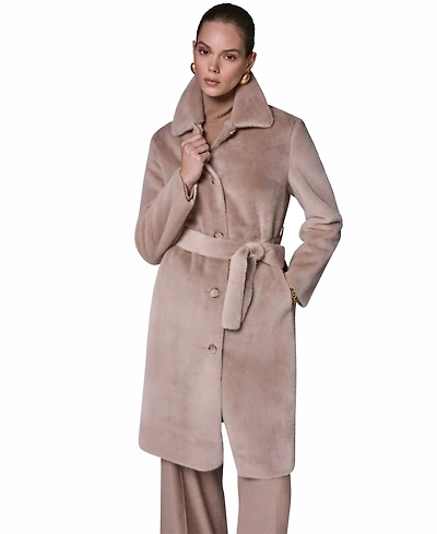 Donna Karan New York Women's Belted Collared Faux Fur Coat