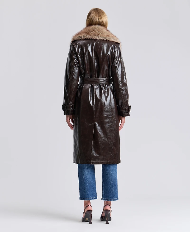 Avec Les Filles Women's Pleather Trench Coat with Fur Collar