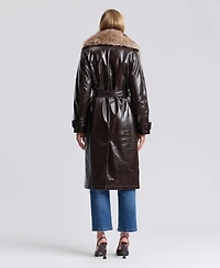 Avec Les Filles Women's Pleather Trench Coat with Fur Collar