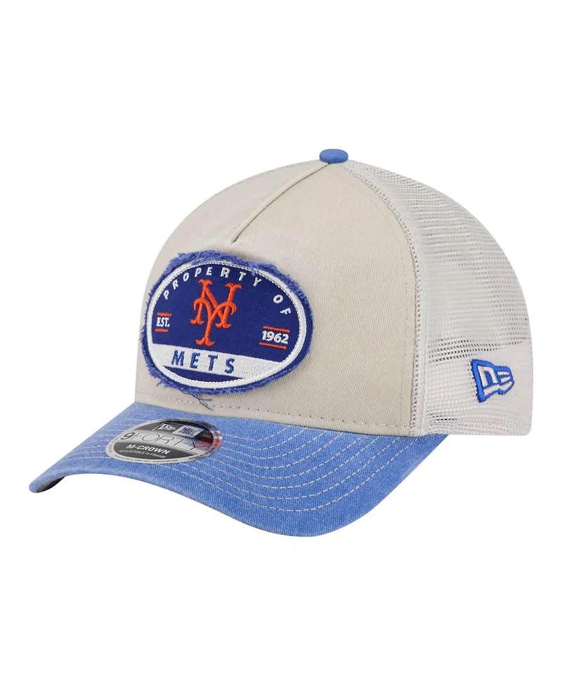 New Era Men's Light Beige/Royal New York Mets Frayed M-Crown A-Frame 9FORTY Trucker Adjustable Hat