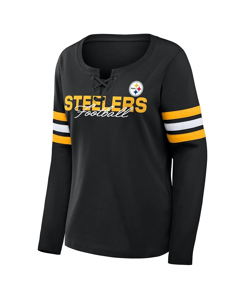Fanatics Women's Black Pittsburgh Steelers Team First Coverage Scheme Lace-Up Long Sleeve T-Shirt