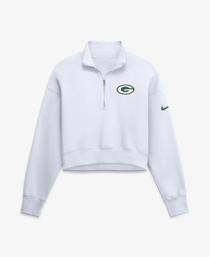 Nike Women's White Green Bay Packers Oversized Phoenix Fleece Cropped Quarter-Zip Sweatshirt
