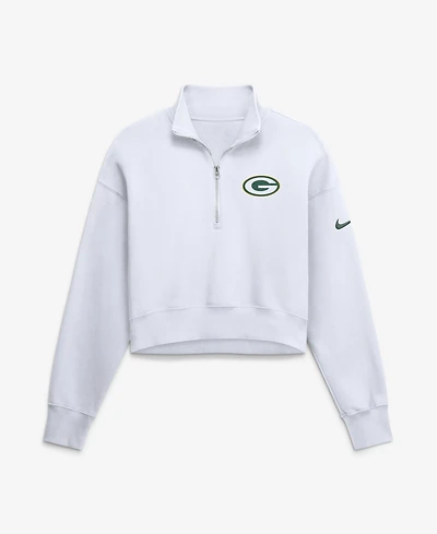 Nike Women's White Green Bay Packers Oversized Phoenix Fleece Cropped Quarter-Zip Sweatshirt