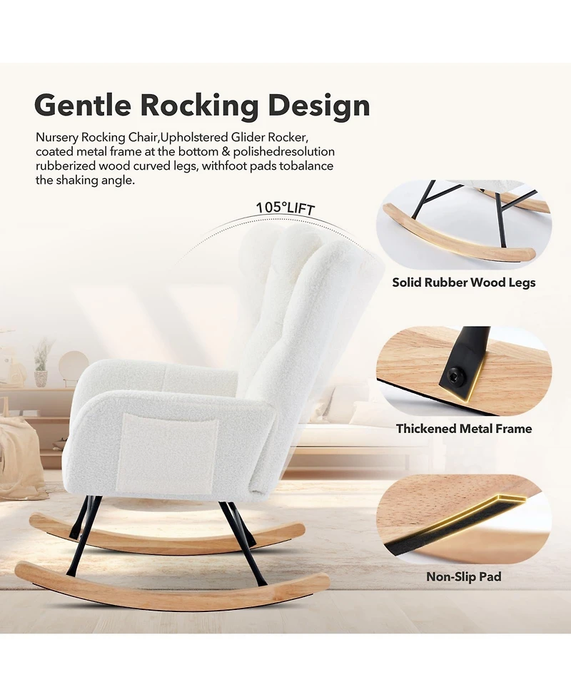 homfan Modern Upholstered Rocking Chair Set of 2, High Back, Padded Seat, Armchair with Side Pocket, Lounge Chair for Living Room, Bedroom