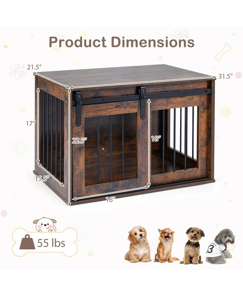 Hongge Heavy-Duty Dog Crate Furniture with Sliding Barn Door Metal Windows and Tabletop