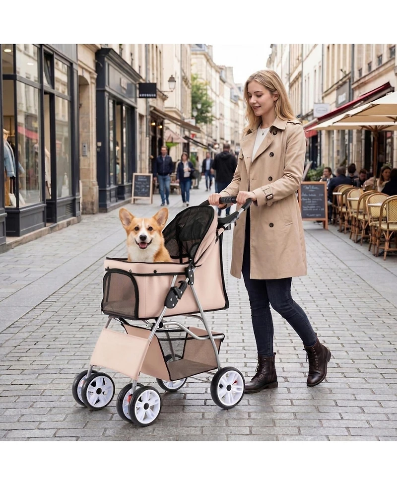 Hongge 4-Wheel Foldable Pet Stroller with Adjustable Canopy Storage Basket and Cup Holders