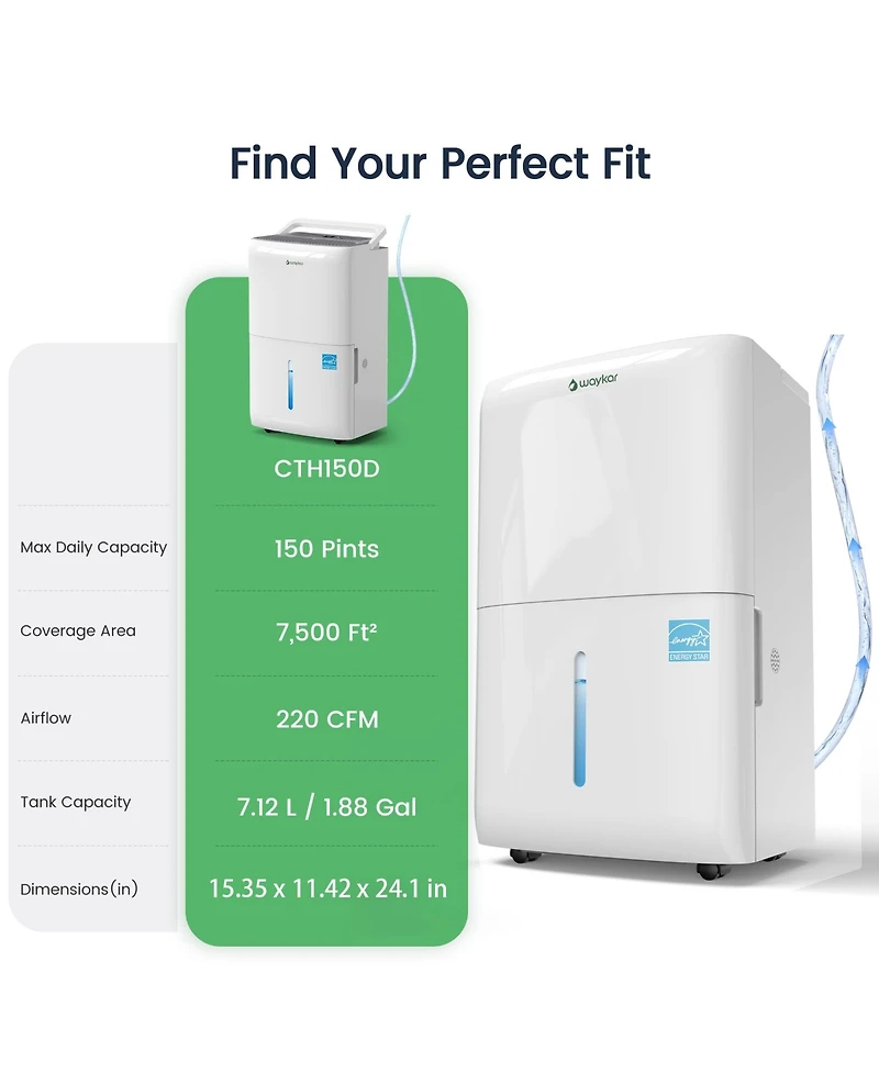 Waykar Energy Star 150 Pint Dehumidifier with Pump-Up to 7,500 Sq. Ft